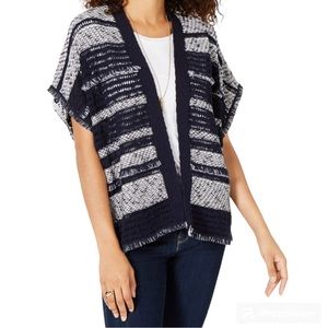 Style & Co Top Large Blue White Open Knit Kimono Topper Fringe Boho